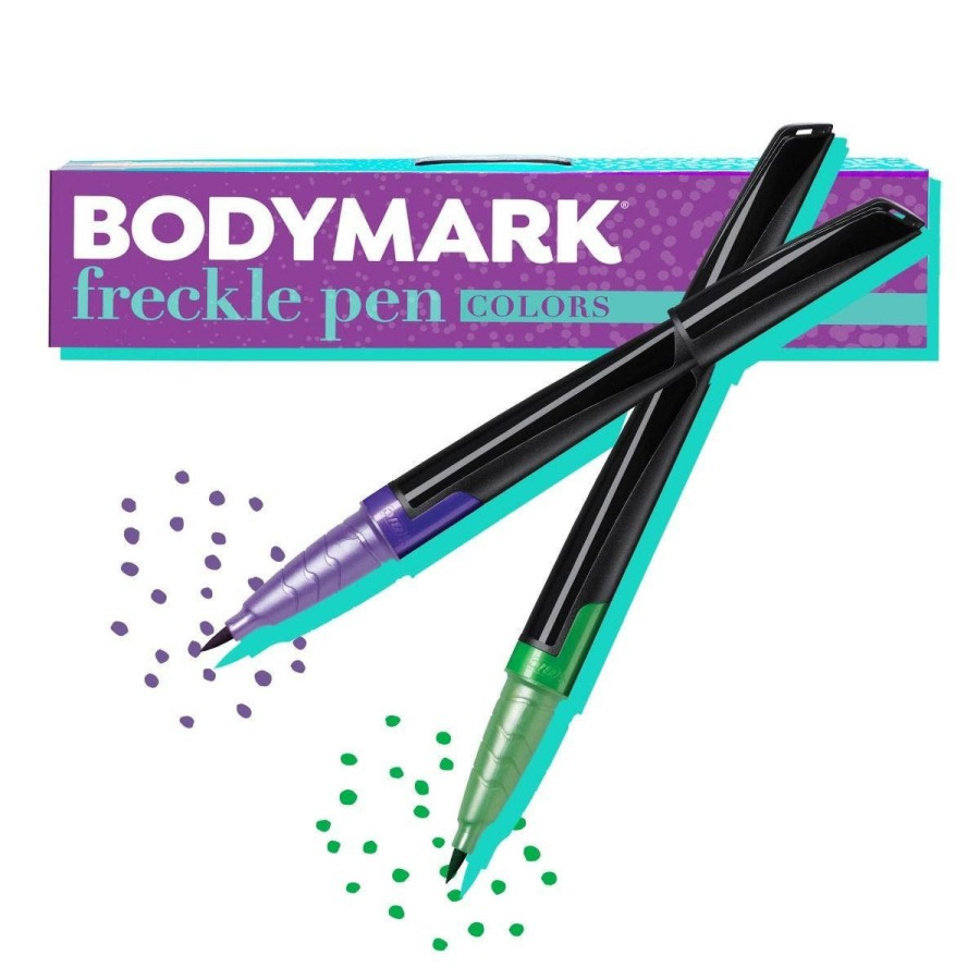 Clearance BIC Bodymark Color Freckle Faux Freckle Pen Set, Soft Brush Tip, Green And Purple, Cosmetic Quality Freckle Pens For Skin